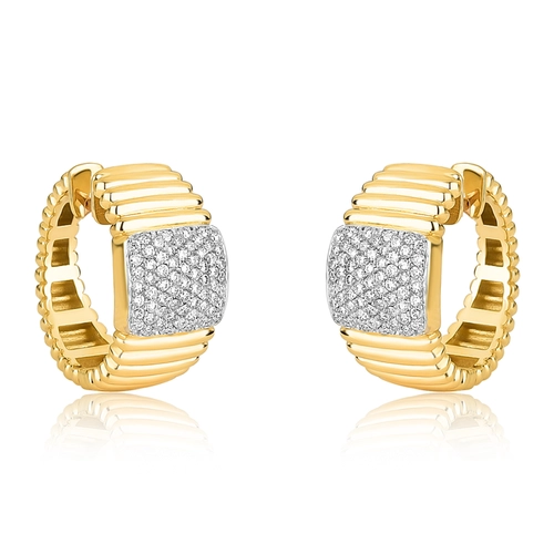 Brinco Plissé Pavê argola plissada ouro 18k pavê quadrado de Diamantes rodinados