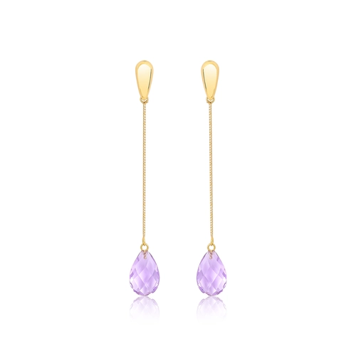 Brinco pingente ouro 18k com gota briolet de Ametista lavanda