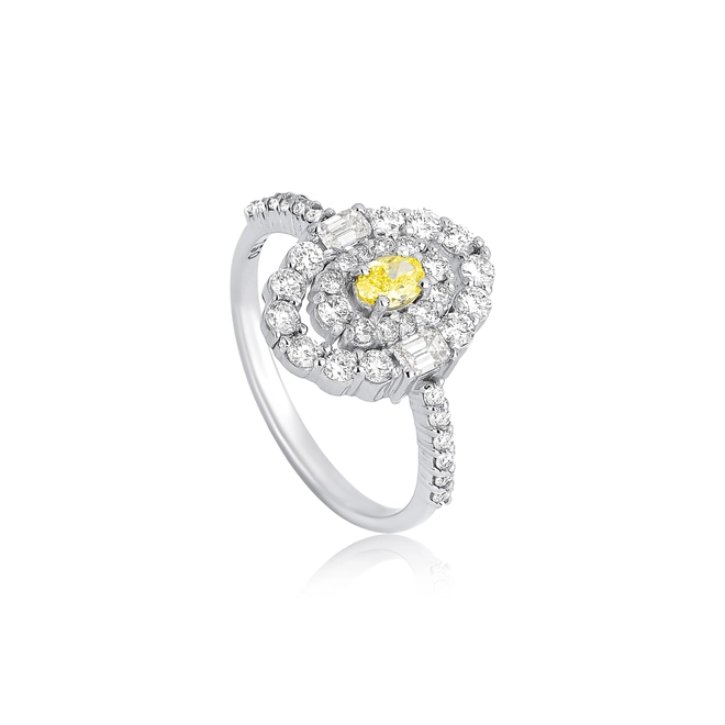 Anel Selection oval de Diamante Fancy Yellow ouro branco 18k contorno duplo de Diamantes 1