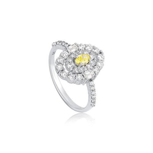 Anel Selection oval de Diamante Fancy Yellow ouro branco 18k contorno duplo de Diamantes