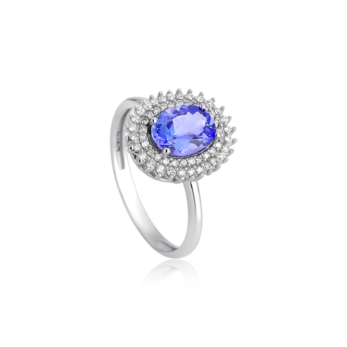Anel Selection oval de Tanzanita ouro branco 18k contorno duplo de Diamantes
