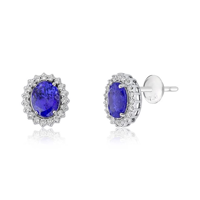 Brinco Selection Stud gema oval de Tanzanita ouro branco 18k contorno de 57pts de Diamantes o par 1