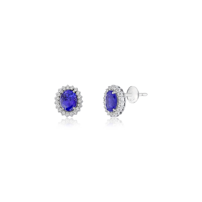 Brinco Selection Stud gema oval de Tanzanita em ouro branco 18k contorno com Diamantes 1