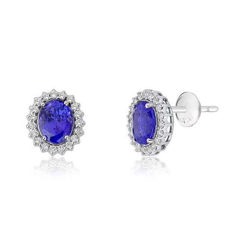 Brinco Selection Stud gema oval de Tanzanita ouro branco 18k contorno de 57pts de Diamantes o par