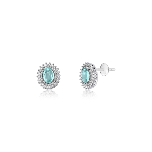 Brinco Selection Stud oval de Turmalina Paraíba ouro branco 18k contorno duplo de Diamantes