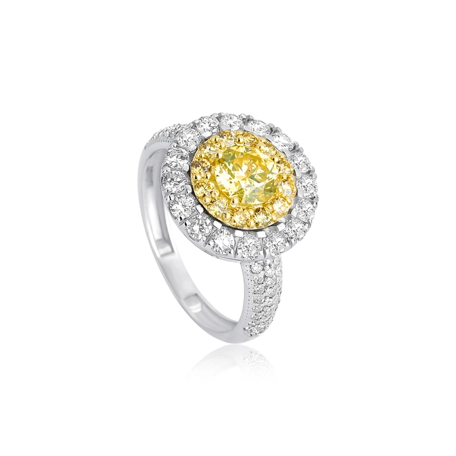 Anel Selection redondo Diamante Fancy ouro branco 18k contorno com Diamantes Fancy e Branco 1