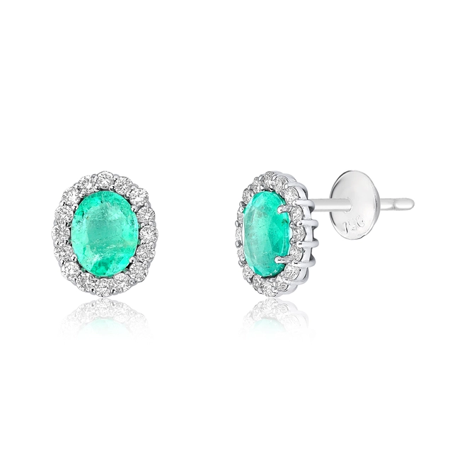 Brinco Selection Stud oval de Esmeralda ouro branco 18k com 96pts Diamantes o par 1
