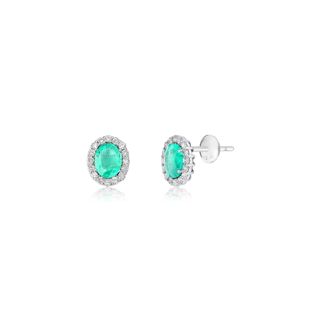 Brinco Selection Stud oval de Esmeralda em ouro branco 18k com 96pts Diamantes 1