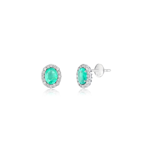 Brinco Selection Stud oval de Esmeralda em ouro branco 18k com 96pts Diamantes