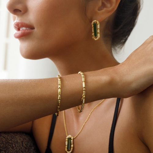 Brinco Colosseo articulado ouro 18k módulos com Diamantes e baguette de Turmalina Verde