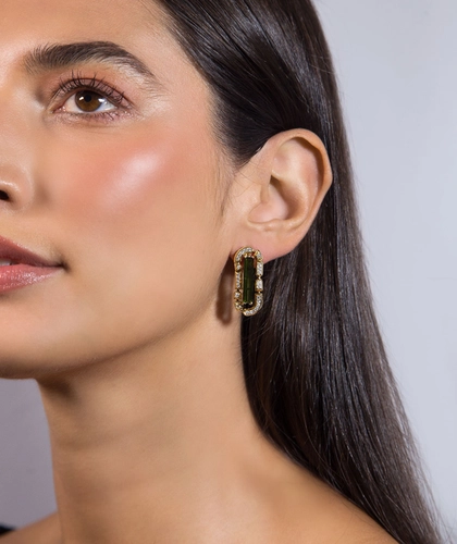 Brinco Colosseo articulado ouro 18k módulos com Diamantes e baguette de Turmalina Verde