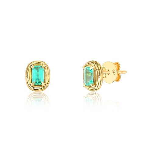 Brinco Nido Orientais Stud ouro 18k ninho filigrana envolve gema de Esmeralda