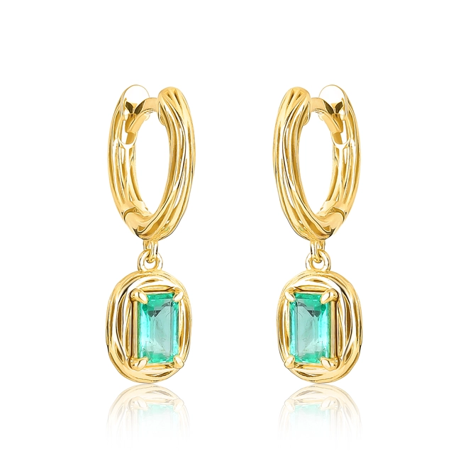Brinco Nido Orientais argola click pingente ouro 18k ninho que envolve gema de Esmeralda 1