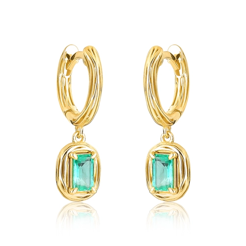 Brinco Nido Orientais argola click pingente ouro 18k ninho que envolve gema de Esmeralda
