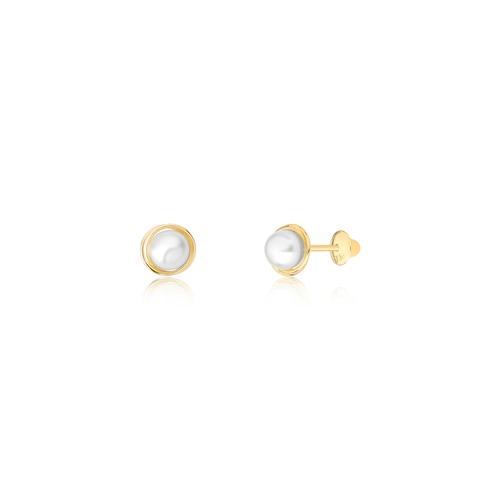 Brinco infantil Rococó ouro 18k ninho com Pérola 4X4,5MM