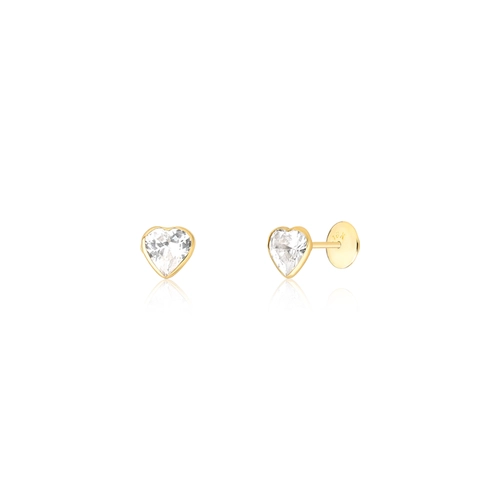Brinco Juvenil Stud coração ouro 18k com Zircônia branca