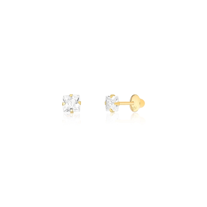 Brinco Infantil quadrado de ouro 18k carré de Zircônia branca 1