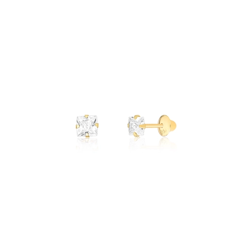 Brinco Infantil quadrado de ouro 18k carré de Zircônia branca
