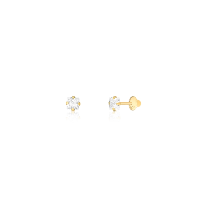 Brinco infantil quadrado ouro 18k carré de Zircônia branca 1