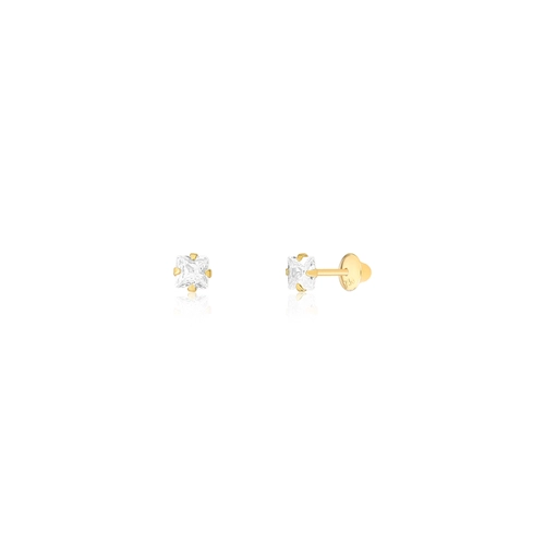Brinco infantil quadrado ouro 18k carré de Zircônia branca