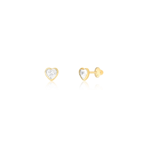 Brinco Infantil de ouro 18k coração com Zircônia