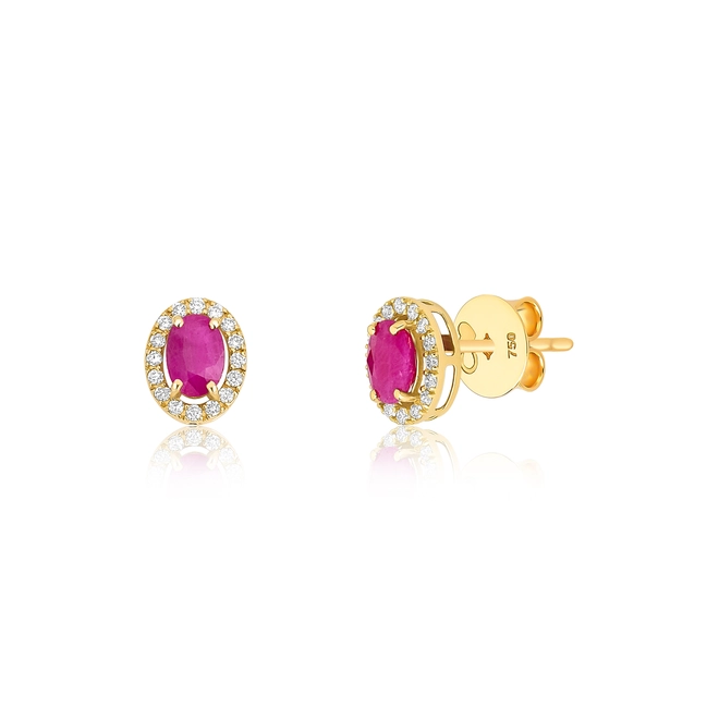 Brinco Le Luxe Stud gema oval de Rubi ouro 18k contorno de Diamantes 22pts o par 1