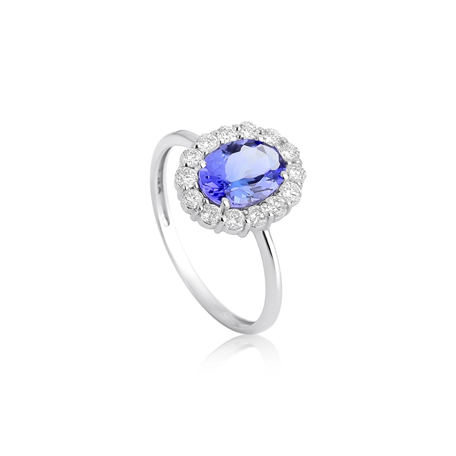Anel Selection oval de Tanzanita ouro branco contorno halo com 42pts de Diamantes 1