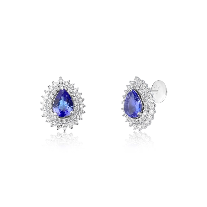 Brinco Selection Stud gota de Tanzanita ouro branco 18k contorno duplo de Diamantes 59pts o par 1