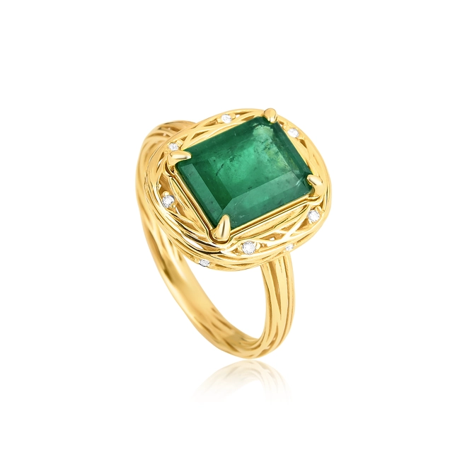 Anel Nido Orientais ninho fios ouro 18k com gema 254pts de Esmeralda e Diamantes 1
