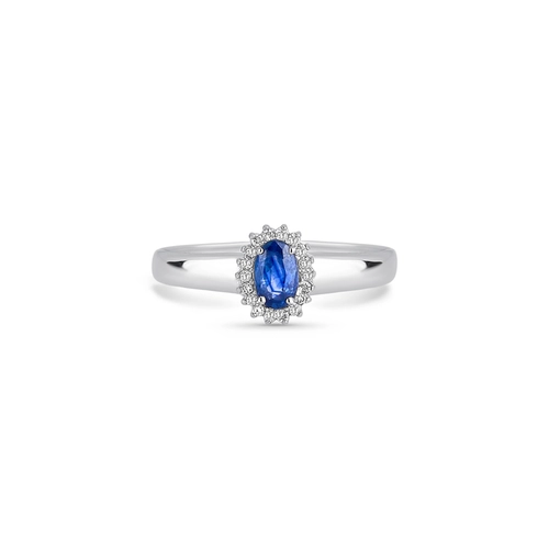 Anel Laurel oval de Safira azul ouro branco 18k com 5,4pts de Diamantes