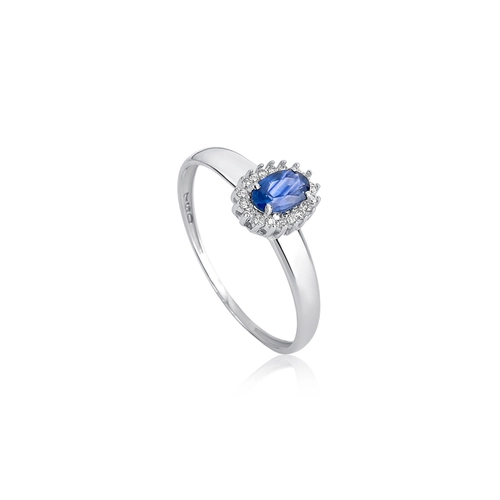 Anel Laurel oval de Safira azul ouro branco 18k com 5,4pts de Diamantes
