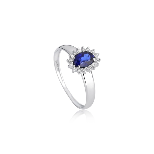 Anel Laurel oval de Safira azul ouro branco 18k com 9,6pts de Diamantes
