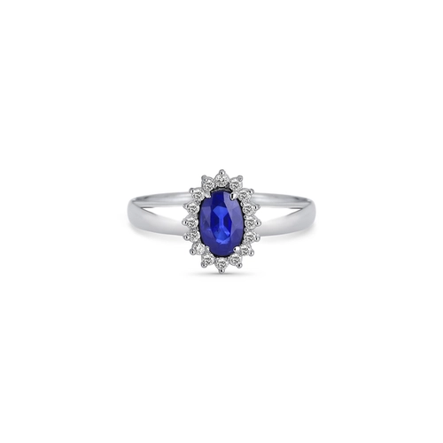 Anel Laurel oval de Safira azul ouro branco 18k com 9,6pts de Diamantes