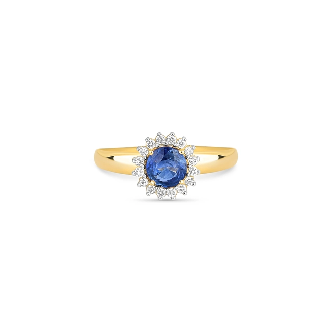 Anel Laurel redondo de Safira azul ouro 18k com 9,6pts de Diamantes rodinados 2