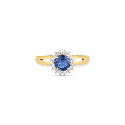 Anel Laurel redondo de Safira azul ouro 18k com 9,6pts de Diamantes rodinados
