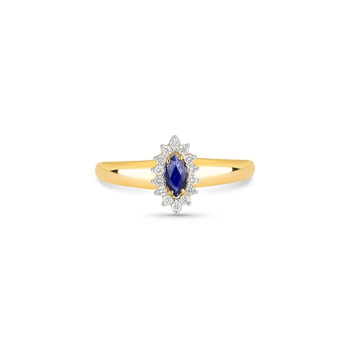 Anel Laurel navete de Safira azul ouro 18k com 8,4pts de Diamantes