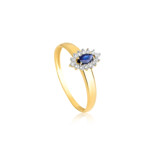 Anel Laurel navete de Safira azul ouro 18k com 8,4pts de Diamantes