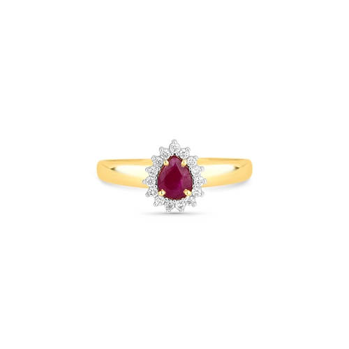 Anel Laurel gota de Rubi ouro 18k com 9pts de Diamantes