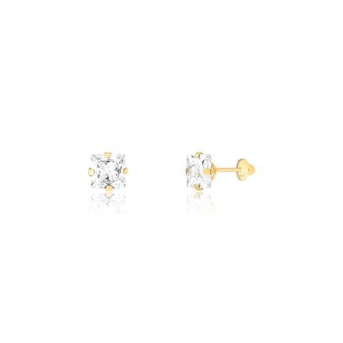 Brinco infantil quadrado ouro 18k com gema de Zircônia branca