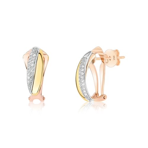 Brinco Forever meia argola 3 cores de ouro18k aros entrelaçados com Diamantes rodinados