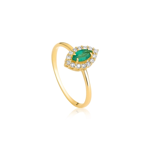 Anel Viridis navete de Esmeralda ouro 18k com 13pts de Diamantes