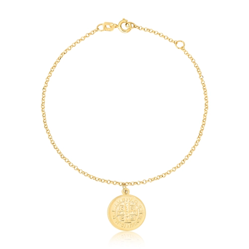 Pulseira de elos ouro 18k com medalha dupla face redonda de São Bento