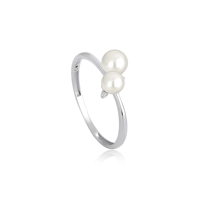 Anel Versailles em ouro branco 18k com duas Pérolas e um Diamante 1