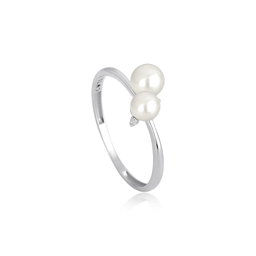 Anel Versailles em ouro branco 18k com duas Pérolas e um Diamante