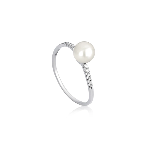 Anel Way de Pérola em ouro branco 18k linhas delicadas de Diamantes