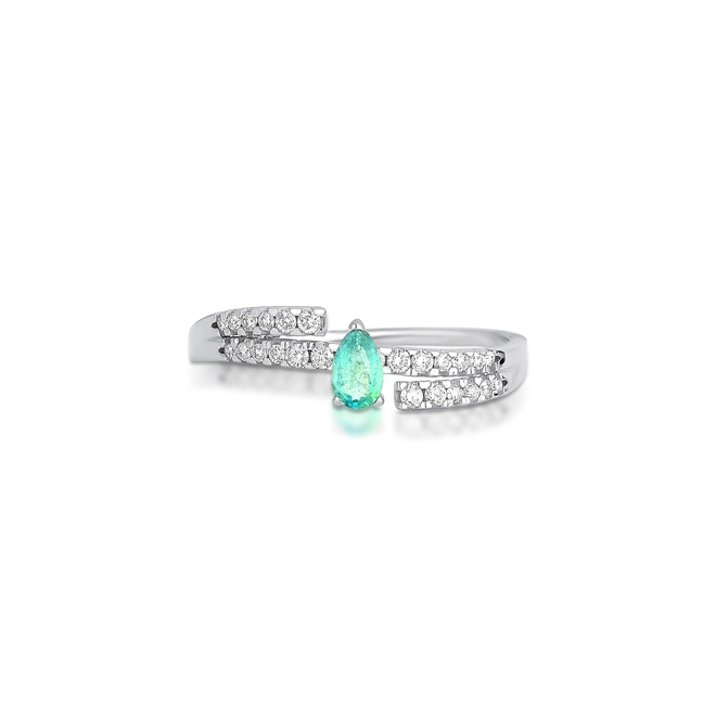 Anel Way em ouro branco 18k linhas delicadas de Diamantes e gota Esmeralda 2