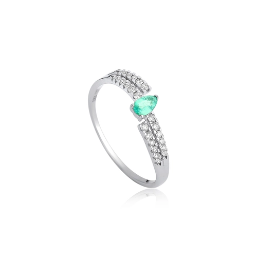 Anel Way em ouro branco 18k linhas delicadas de Diamantes e gota Esmeralda