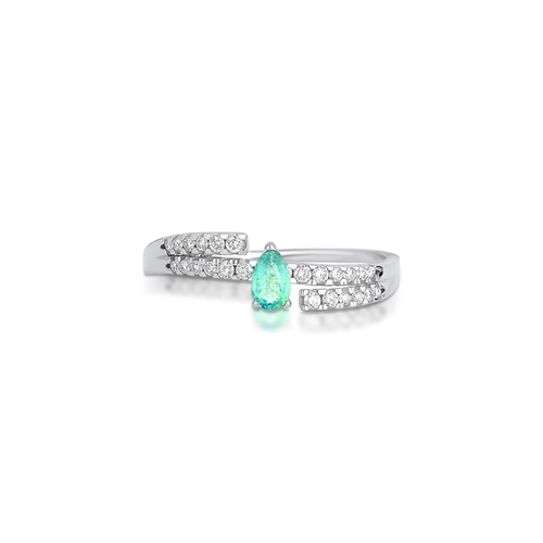 Anel Way em ouro branco 18k linhas delicadas de Diamantes e gota Esmeralda