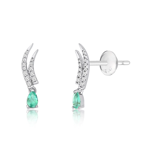 Brinco Way Ear Cuff ouro branco 18k linhas de Diamantes com gota de Esmeralda