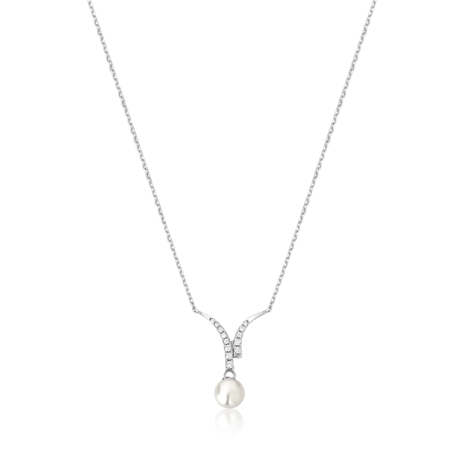 Gargantilha Way em ouro branco 18k linhas com Diamantes e pingente de Pérola 1